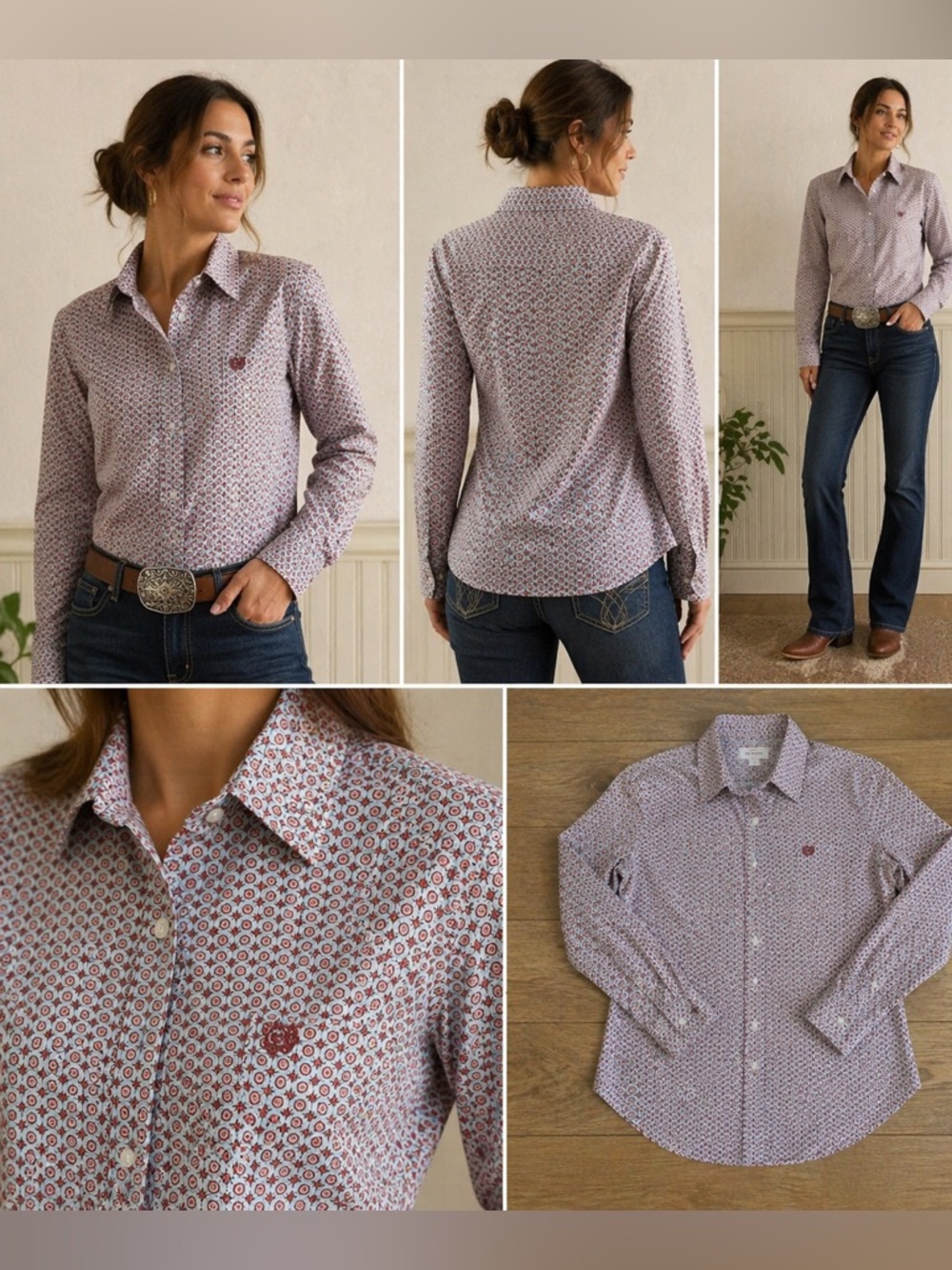 Cinch Women's Long-Sleeve Button-Down Shirt western Style Purple Geo Print Sz L